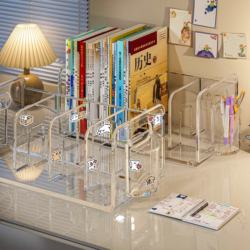 Transparent Bookend Pet File Rack Notebook Stationery Student Desktop Bookshelf Storage Organizer with Handle Storage Rack