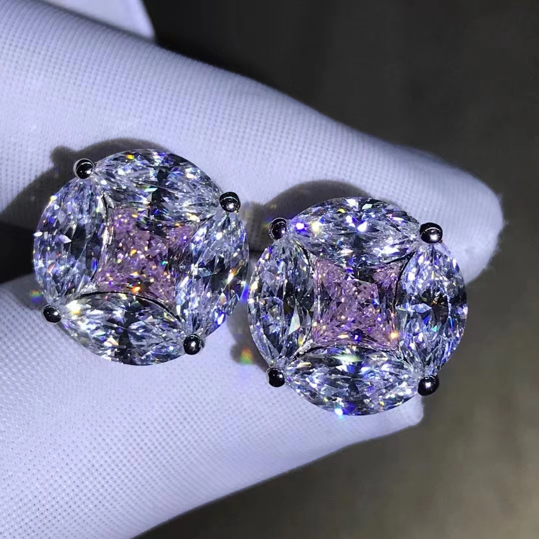 Princesa cuadrado caballo ojo corte Rosa alto carbono diamante Stud pendientes S925 plata gruesa platino con incrustaciones de diamantes importados de alto carbono