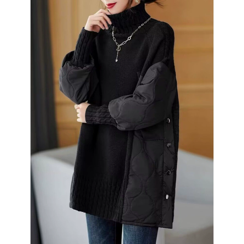 Женский свитер-поло в европейском стиле, цвета кофе, с эффектом пэчворка, имитация двухслойного, утолщенный, свободного кроя, стильная и омолаживающая верхняя одежда для зимы 2025 года.