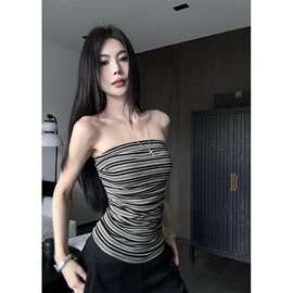 撞色条纹抹胸背心女夏季无肩带裹胸内搭外穿辣妹性感紧身无袖上衣