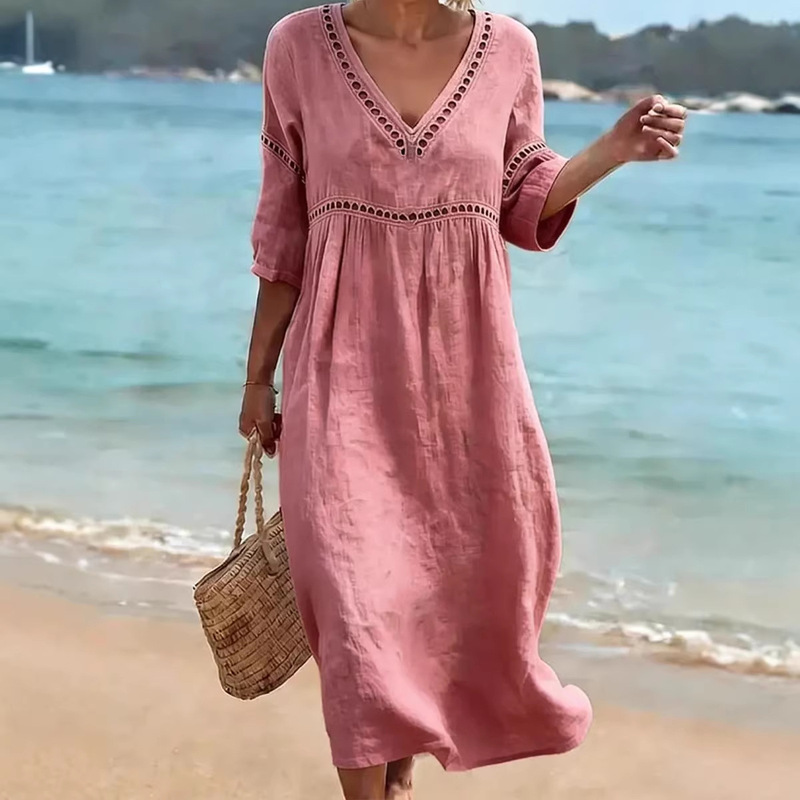 Amazon 2026 European and American Cross-Border Spring and Summer New Elegant Casual V-Neck Solid Color Women's Dress