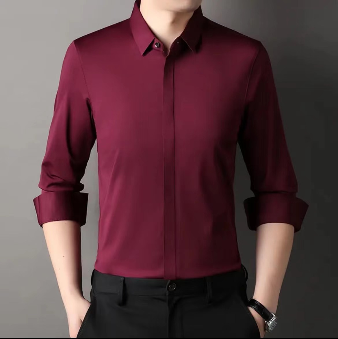 Otoño nuevos hombres de manga larga camisa tapeta oscura camisa de negocios sin costuras anti-arrugas de planchado-libre de alta elasticidad de una sola pieza de entrega