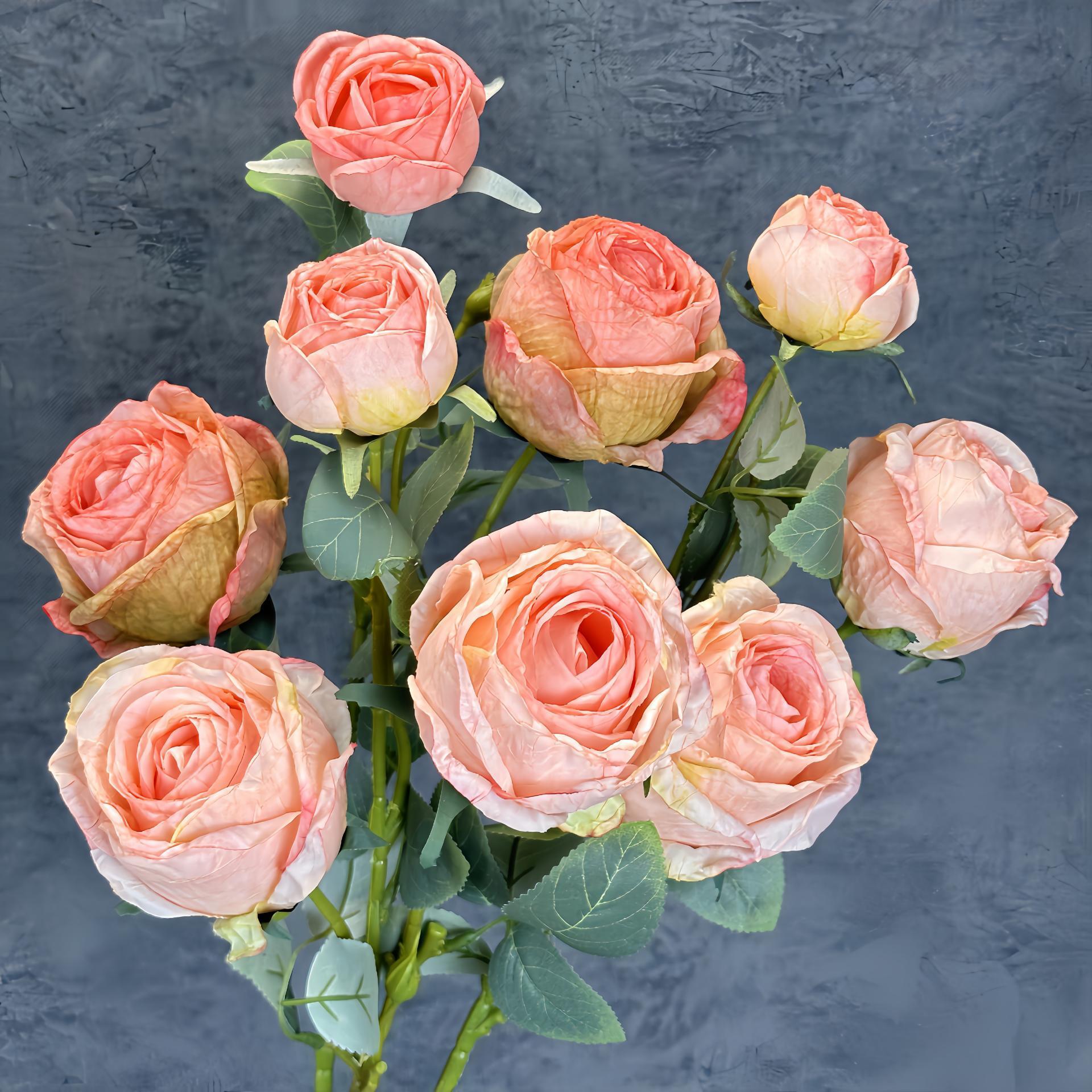 Nuevo 3 cabezas de pintura al óleo asado borde rosa simulación flor boda decoración del hogar decoración de flores falsas transfronterizas al por mayor