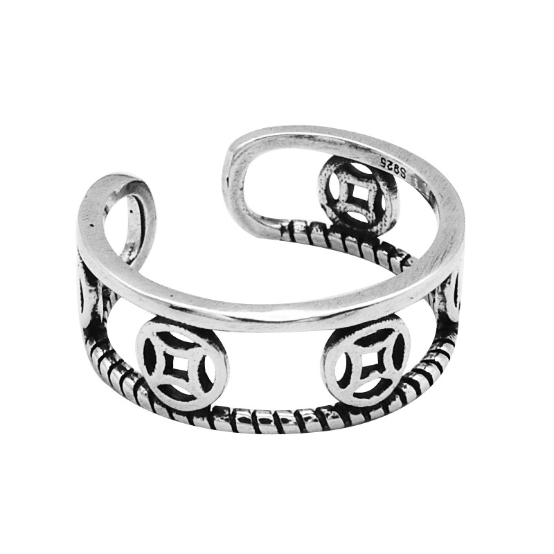 Temperament Cold Style Jewelry S925 Sterling Silver Retro Money Ring Personality National Copper Coin Ring Female Silver Ring