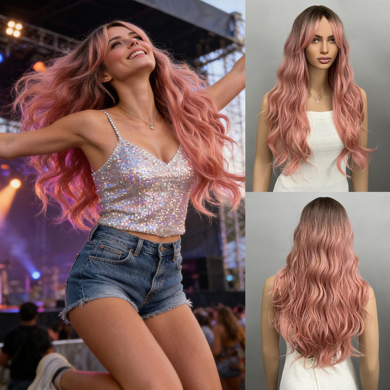 Wig Full Hair Wig Women's Sweet Pink Mid-length Curly Hair Synthetic Fiber Heat-resistant Eight-character Bangs