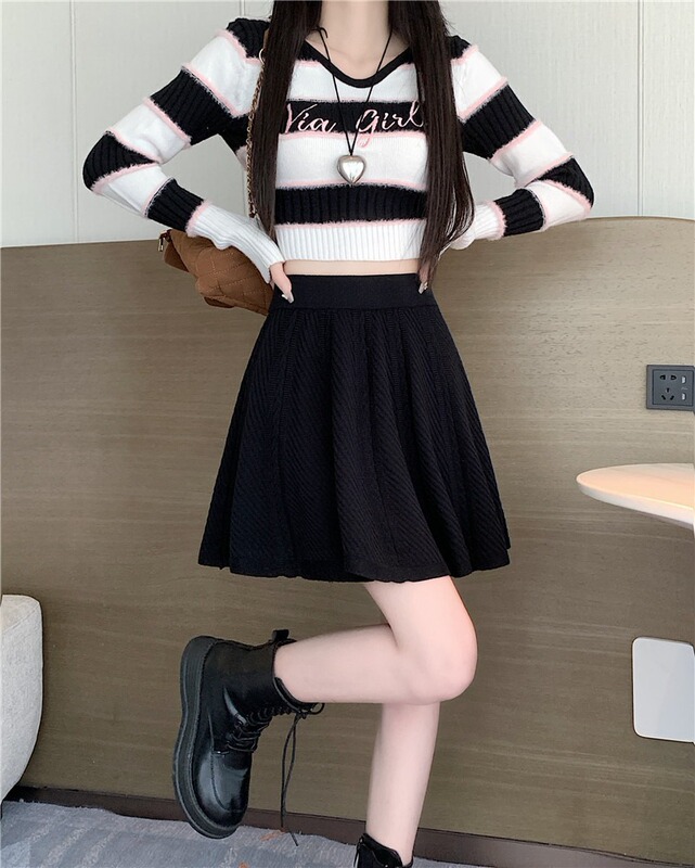 日韩百褶针织半身裙女秋季新款高腰遮胯时尚百搭纯色针织短裙|undefined