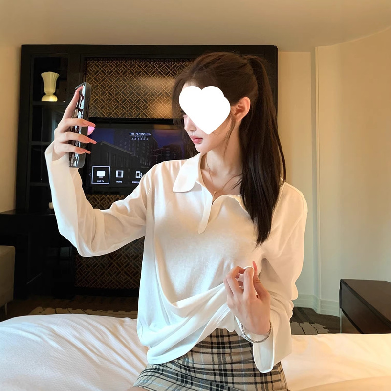 【Life White Polo T】White Casual Long-Sleeve T-Shirt for Women, Autumn Loose Fit Polo Shirt Top