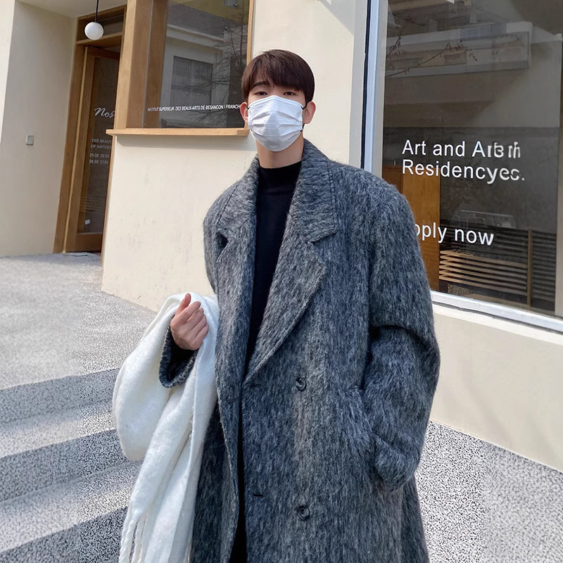 영국 스타일 Haima 모피 코트 남자 가을 겨울 하이 엔드 한국 스타일 세트 트렌치 코트 중간 길이 두꺼운 모직 코트