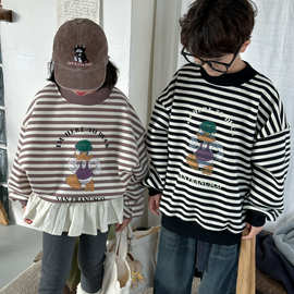 童卫衣2026冬款男女童韩版卡通字母印花上衣儿童圆领加绒条纹卫衣