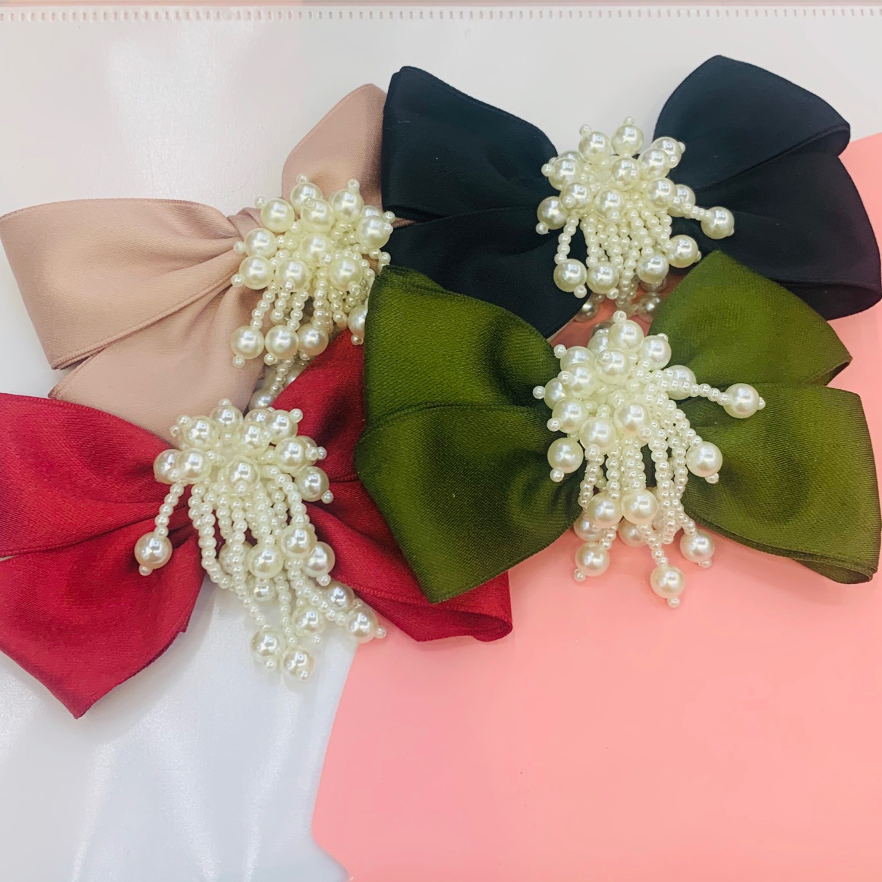 蝴蝶结头饰发夹珍珠头饰新娘敬酒服订婚发饰红色2021年新款晚宴