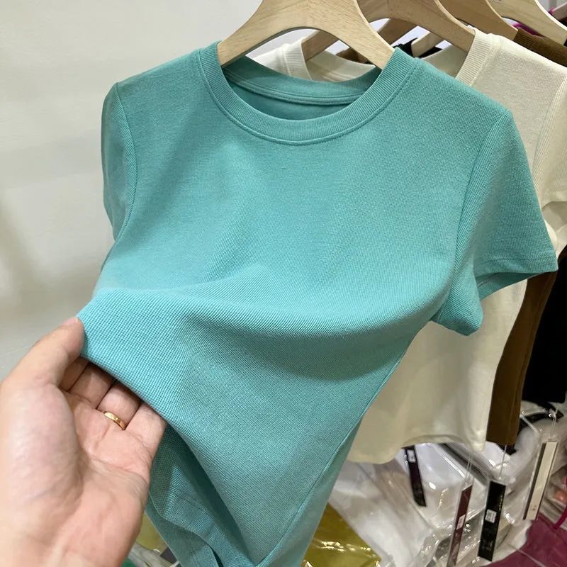 High-End Round-Neck Short-Sleeve T-Shirt for Women, 2026 Summer New Korean Style, Solid Color Versatile Slim-Fit Base Shirt Top