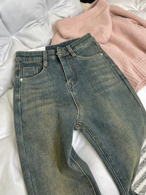 加绒加厚复古蓝直筒牛仔裤女冬季大码胖高腰遮胯弹力微喇马蹄裤|undefined