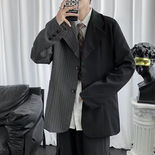 Spring and Autumn Men's Suit Jacket Trendy Brand Loose Striped Patchwork Small Suit Korean Style Trendy Handsome Casual Dk Uniform
