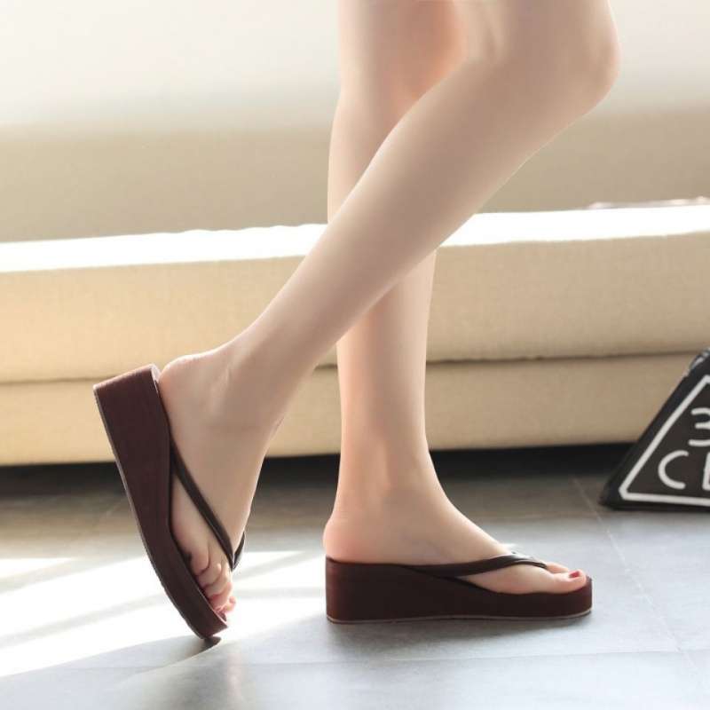 Flip-Flops for Women, Summer Korean Version, Solid Color, Large Size, Mid-Sole Wedge, Anti-Slip Thick-Soled Beach Sandals, Rubber Sole