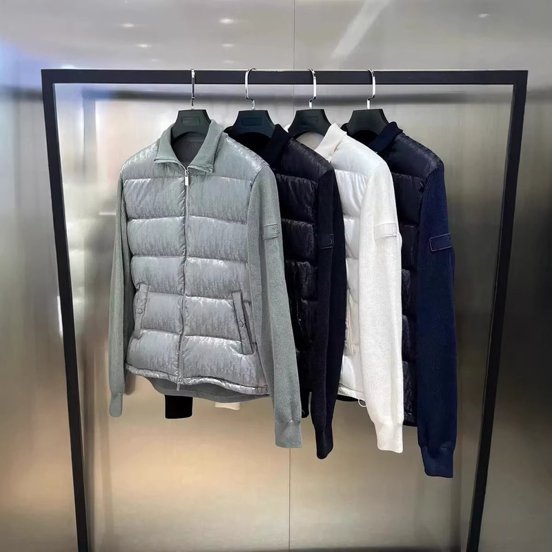 High-End Version of Dior's White Duck down Knitted Wool and down Patchwork Men's Long-Sleeve down Jacket