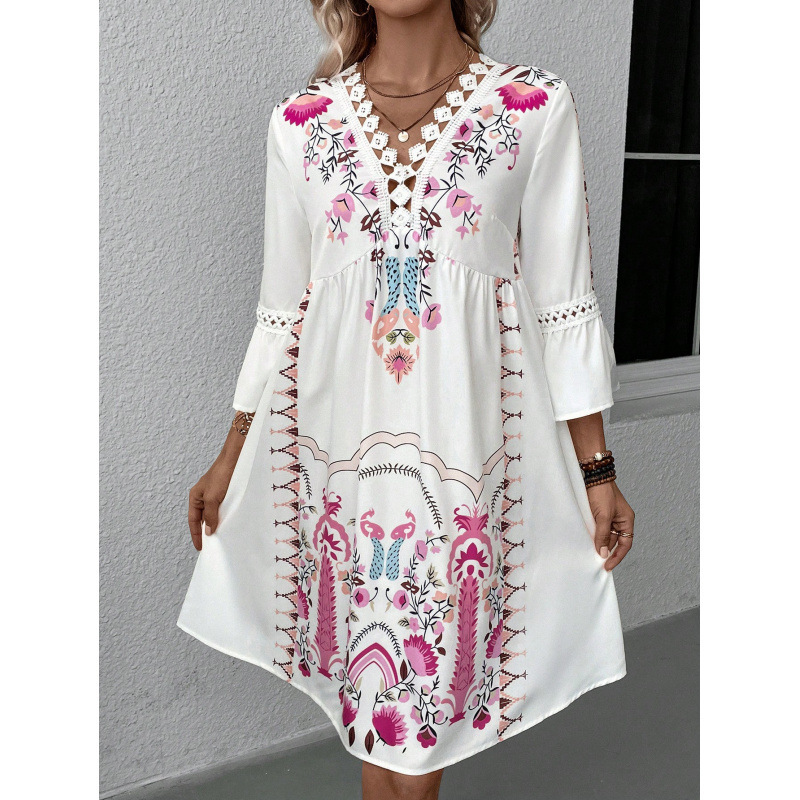 2025 European and American Amazon Cross-Border Women's Clothing Summer New V Neck Lace Splicing Casual Versatile Printed Dress 2025 European and American Amazon Cross-Border Women's Clothing Summer New V Neck Lace Splicing Casual Versatile Printed Dress