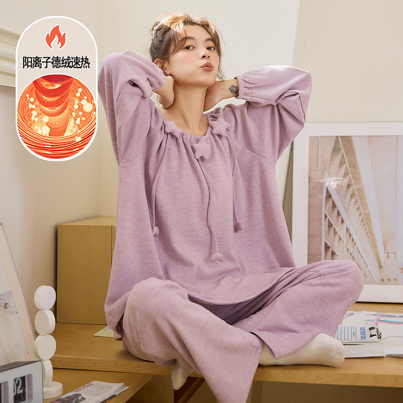 2025新款德绒长袖睡衣女秋冬季卡通可爱休闲圆领家居服可外穿套装|undefined