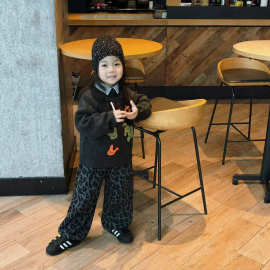 韩版女童毛衣套装2025冬季新款时髦百搭复古圆领毛衣休闲豹纹裤潮