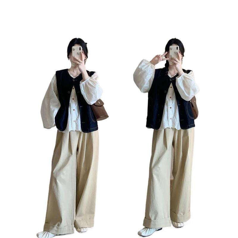 早秋一整套穿搭韩版复古牛仔开衫马甲女+白衬衫+宽松垂直阔腿长裤|undefined