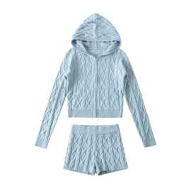 春秋季新款蓝色色麻花纹针织套装女短款拉链开衫针织毛线短裤套装