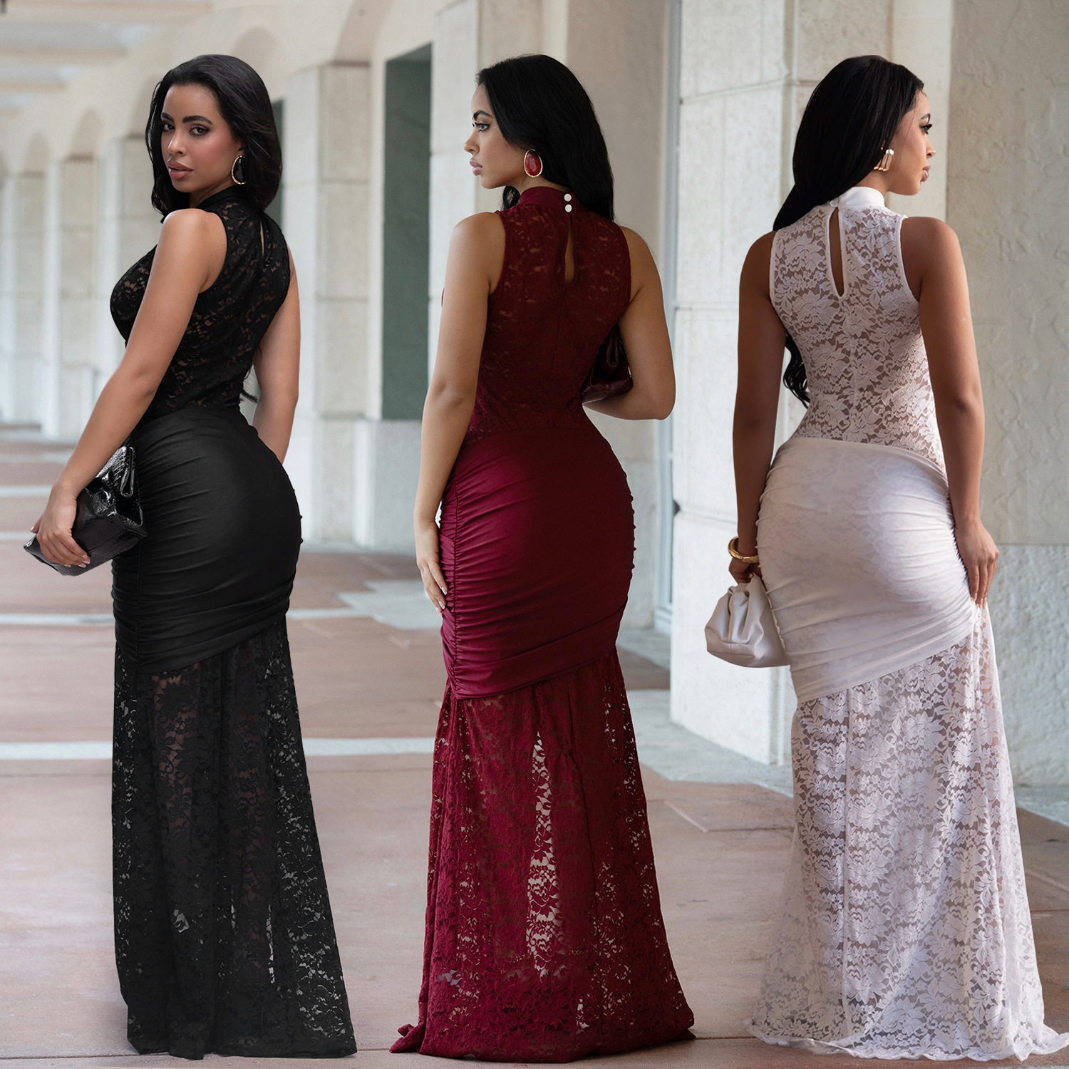 C7641 Aliexpress transfronterizo amazon ropa de moda europea y americana de mujer sexy encaje hueco bifurcado vestido delgado