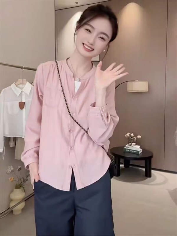 早秋V领苎麻长袖衬衫女上衣2025新款宽松显瘦防晒百搭棉麻衬衣潮|undefined