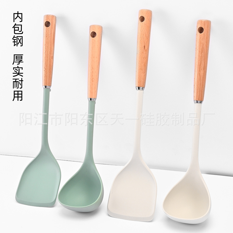 工場現物木柄シリカゲル包鋼シリカゲルシャベルスプーンは鍋専用調理器具にくっつかない高温家庭用シリカゲルシャベル|undefined