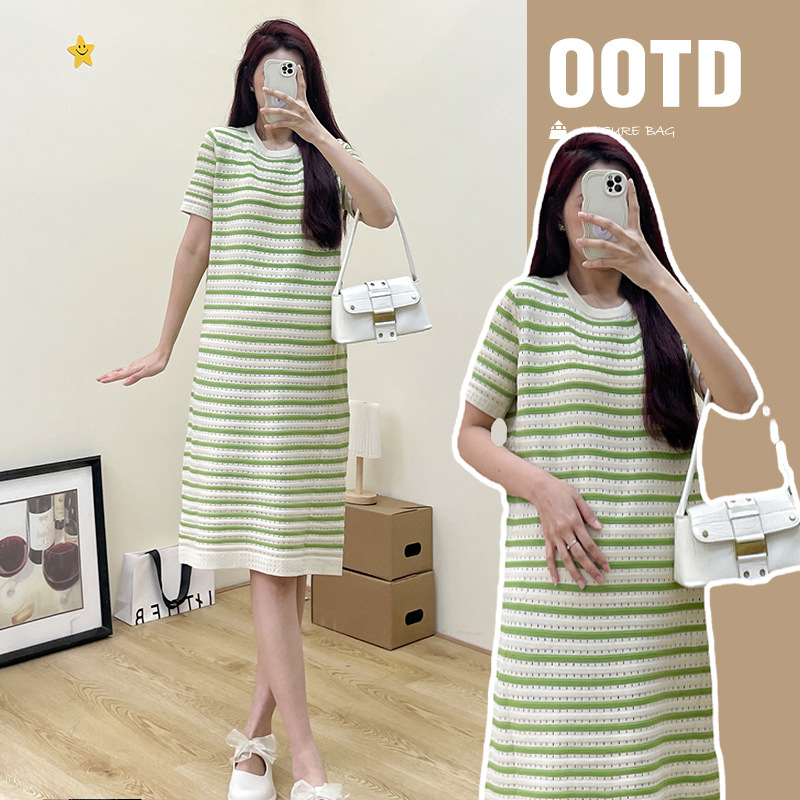 Xue Meifu Pregnant Women Dress Summer Korean Style Fashion Hollow Design Loose Slim Knitted Skirt
