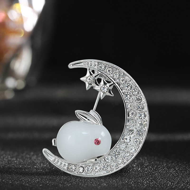 Brooch women moon rabbit brooch wholesale high end anti exposure pin buckle suit fixed clothing accessories collar pin_voghion.com