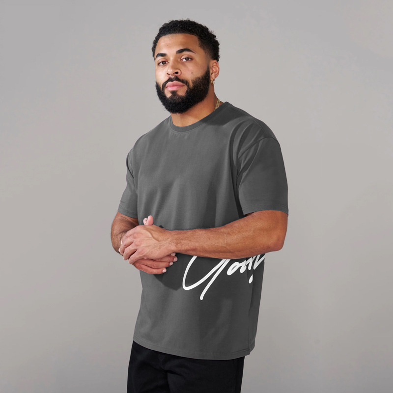 YOUNGLA 남자 대형 티셔츠 근육 스포츠 피트니스 코튼 라운드 넥 짧은 소매 체육관 달리기 농구 훈련