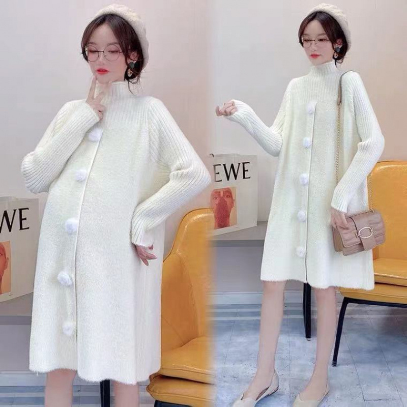 임산부 가을 정장 유행 새로운 스타일 하이 칼라 드레스 중간 길이 임산부 상의 가을과 겨울 두꺼운 스웨터