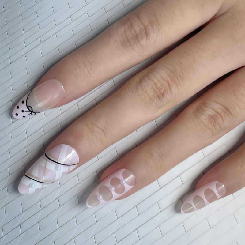 24 Pieces of Simple Polka Dot Bow Decorated Almond Wearable Nails, Beautiful and Cute Fake Nails Ins Same 24 Pieces of Simple Polka Dot Bow Decorated Almond Wearable Nails, Beautiful and Cute Fake Nails Ins Same