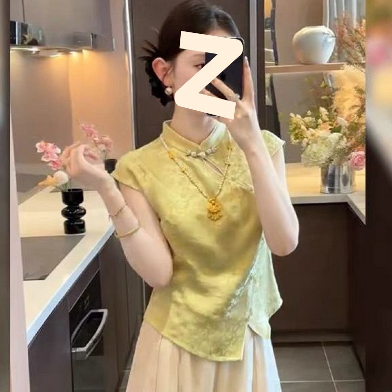 新しい中国風の女性用スーツ 2025 夏ライト高級気質スタンドカラーボタン付きトップハイウエストワイドレッグパンツ 2 点セット|undefined