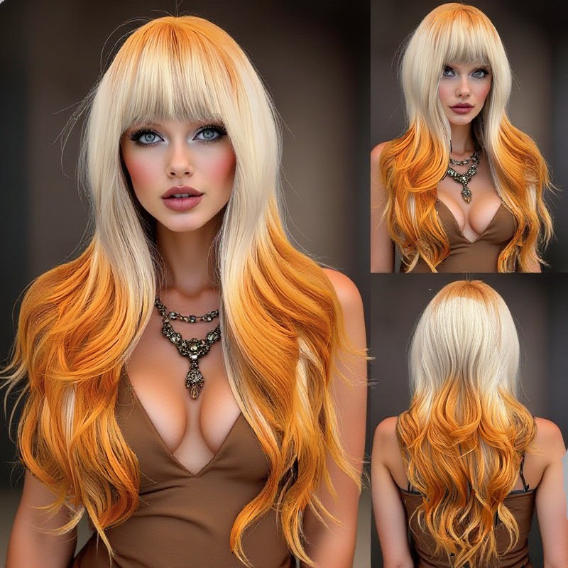 Curly Layered Wig Full Length Cosplay Style Gradient Beige Pink Wig For Women With Bangs Synthetic Hair Extensions_voghion.com