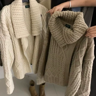 慵懒风厚实翻领麻花毛衣外套女秋冬季宽松设计感软糯针织开衫外穿