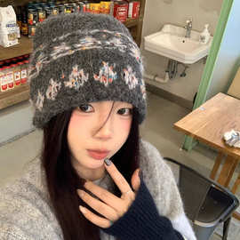 费尔岛风菱形格卷边针织包头帽女秋冬季新款保暖氛围感套头帽冷帽