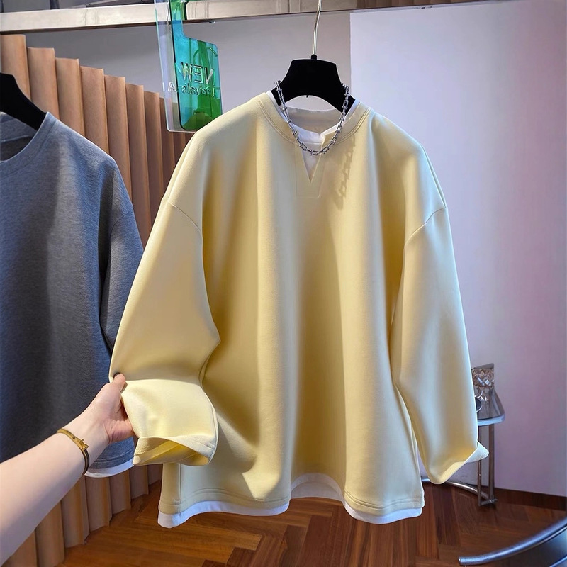 Extra Large Size 150kg Fashionable Lazy Style V Neck Fake Two-Piece Sweatshirt for Women in Early Spring & Fall Loose Outer Top and Bottoming Shirt