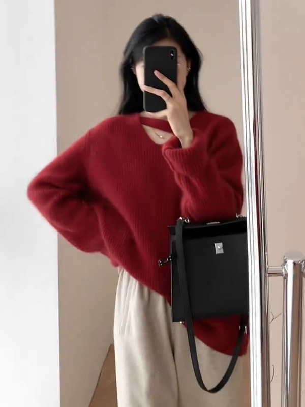 镂空灰色v领针织毛衣女秋冬2025新款设计感小众高级感慵懒风上衣|undefined