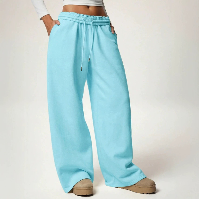 2026 European and American cross-border women's solid color drawstring elastic waist wide-leg sweatpants, loose fit with pockets, casual long pants