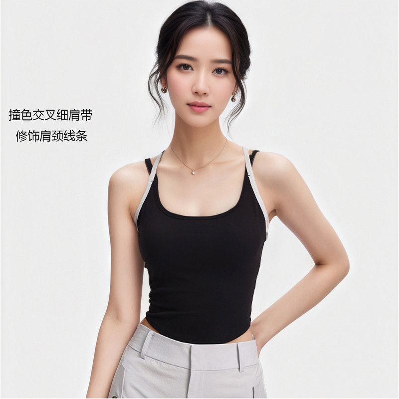 撞色双肩带运动背心亲肤裸感带胸垫瑜伽服透气速干普拉提训练健身|undefined