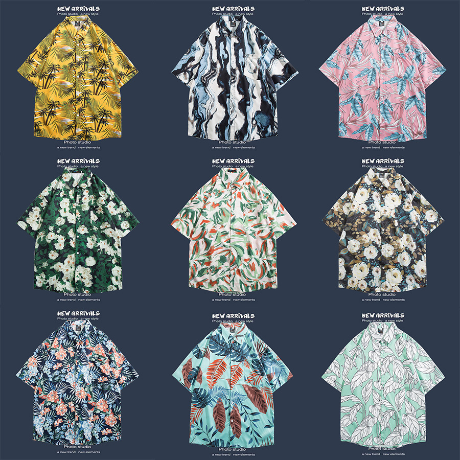 Camisa floral de manga corta Estilo de Hong Kong estilo retro de vetiver Estilo coreano moda guapo camisa de hombres y mujeres de moda y top de hadas
