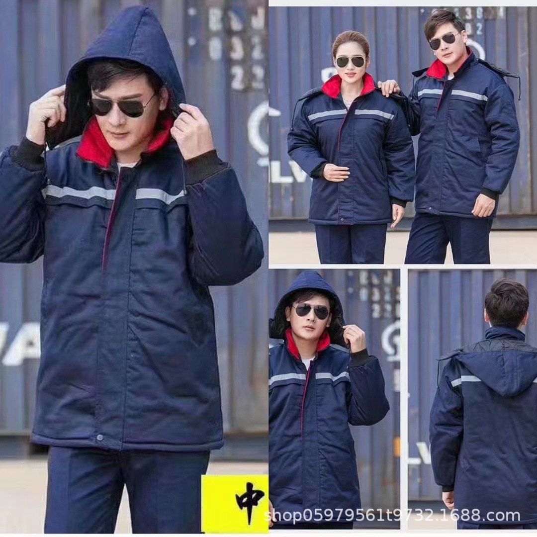 Invierno calentamiento reflectante ropa de trabajo de algodón ropa de algodón media y larga ropa de trabajo de protección contra el frío ropa de trabajo chaqueta de algodón mayorista