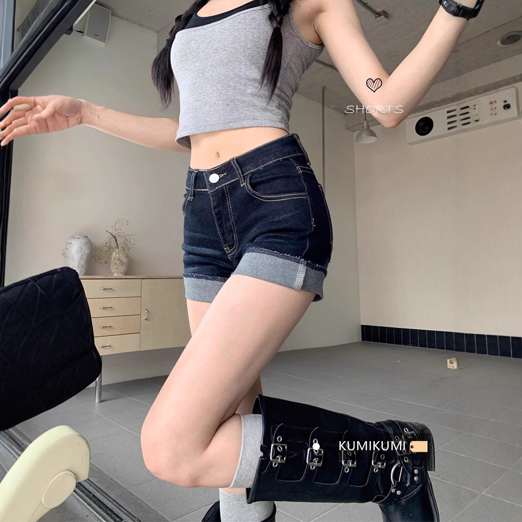 아메리칸 핫걸 하이웨이스트 울트라 쇼츠 핫팬츠 청바지 여성 여름 진한 파란색 디자인 컬링 반바지 여성 신작