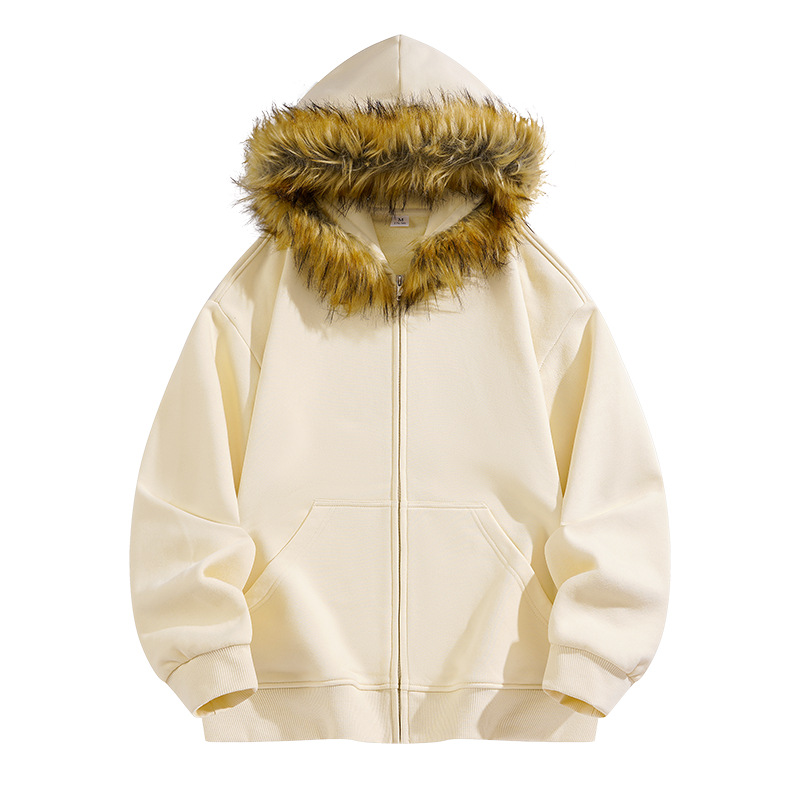 Amerikanischer Stil Kapuzenpullover mit Pelzkragen, diagonalem Reißverschluss, warm, Unisex, trendig_voghion.com