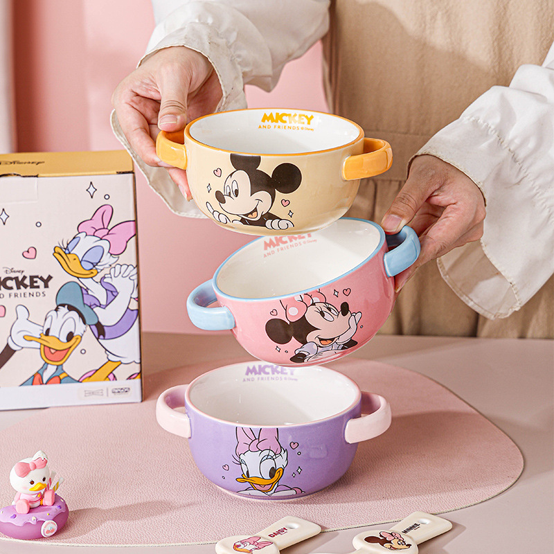 Disney Genuine Mickey Double-Eared Bowl Kidsren's Ceramic Bowl for Eating Rice Special Baby Breakfast Steamed Egg Bowl Household Bowl