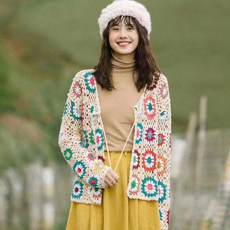 Cross-Border Amazon Handmade Crochet Cardigan Sweater Hollow Jacket Ethnic Style Long-Sleeved Top Hot Selling Hollow European