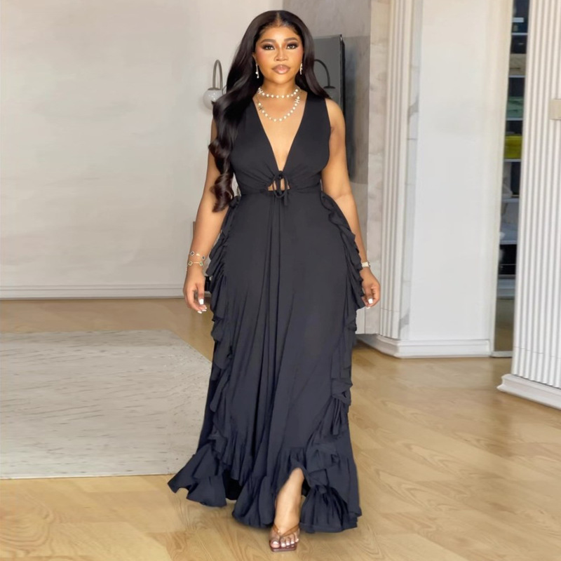 N8084 Cross-border Amazon Sexy Shoulder Elegant Ruffled High Waist Navel Sling European plus size dress