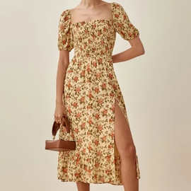 欧美法式复古泡泡袖印花裙 2022夏季新款ins时尚侧开叉中长连衣裙