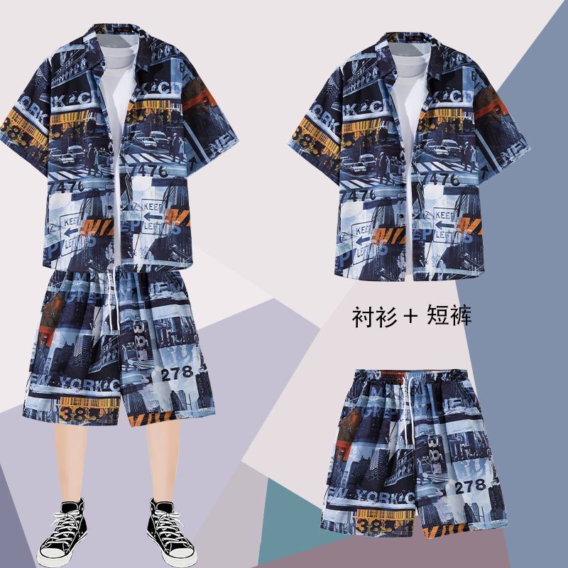Summer Beach suit men's short-sleeved floral shirt casual sports Hawaiian couple seaside shorts vacation two-piece set