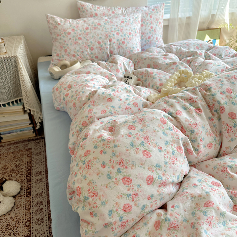 Ins Naked Sleeping Cotton Four-piece Set Class A Small Fresh Cotton Bed Sheet Quilt Cover Bed Hat Bedding Dormitory Three-piece